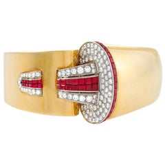 1930s Ruby Diamond Gold Buckle Bangle Bracelet