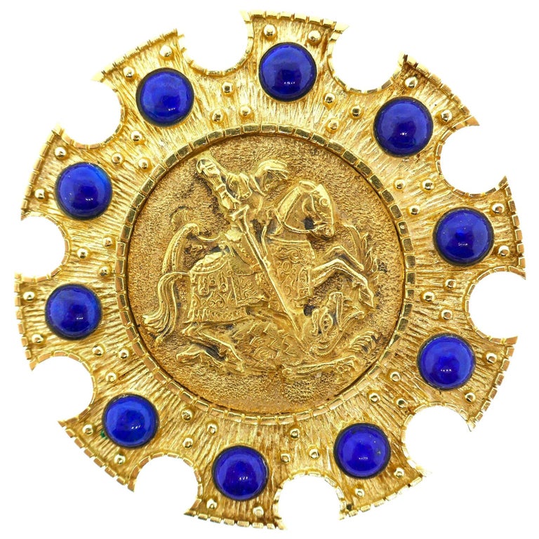 Cartier Saint George 18 Karat Yellow Gold and Lapis Pendant or Brooch 1