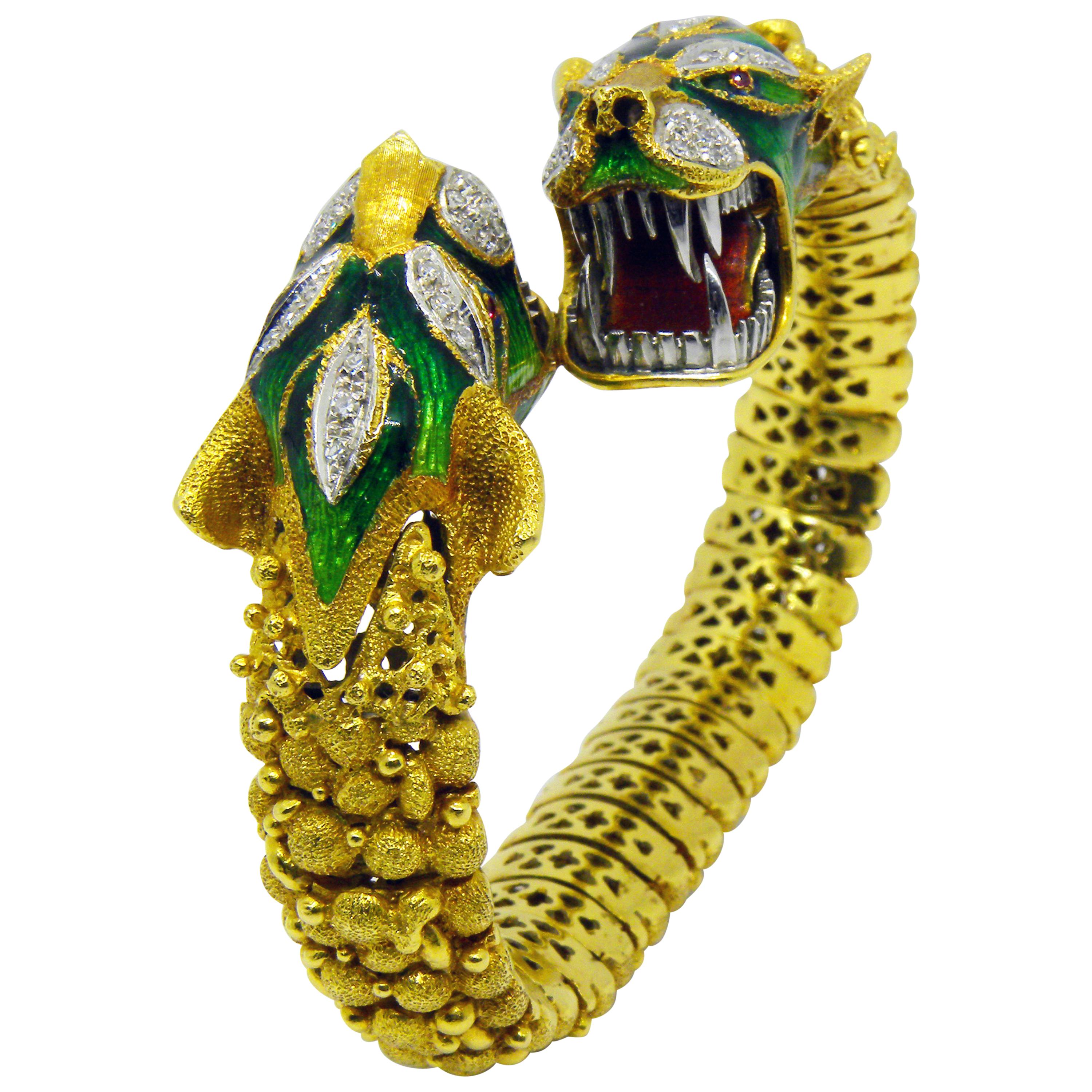 Original Italian Early 1960s Diamond Ruby Enamel Dragon Shaped Snake Bracelet