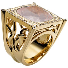 Ana de Costa Yellow Gold Rose Quartz White Diamond Square Cocktail Ring