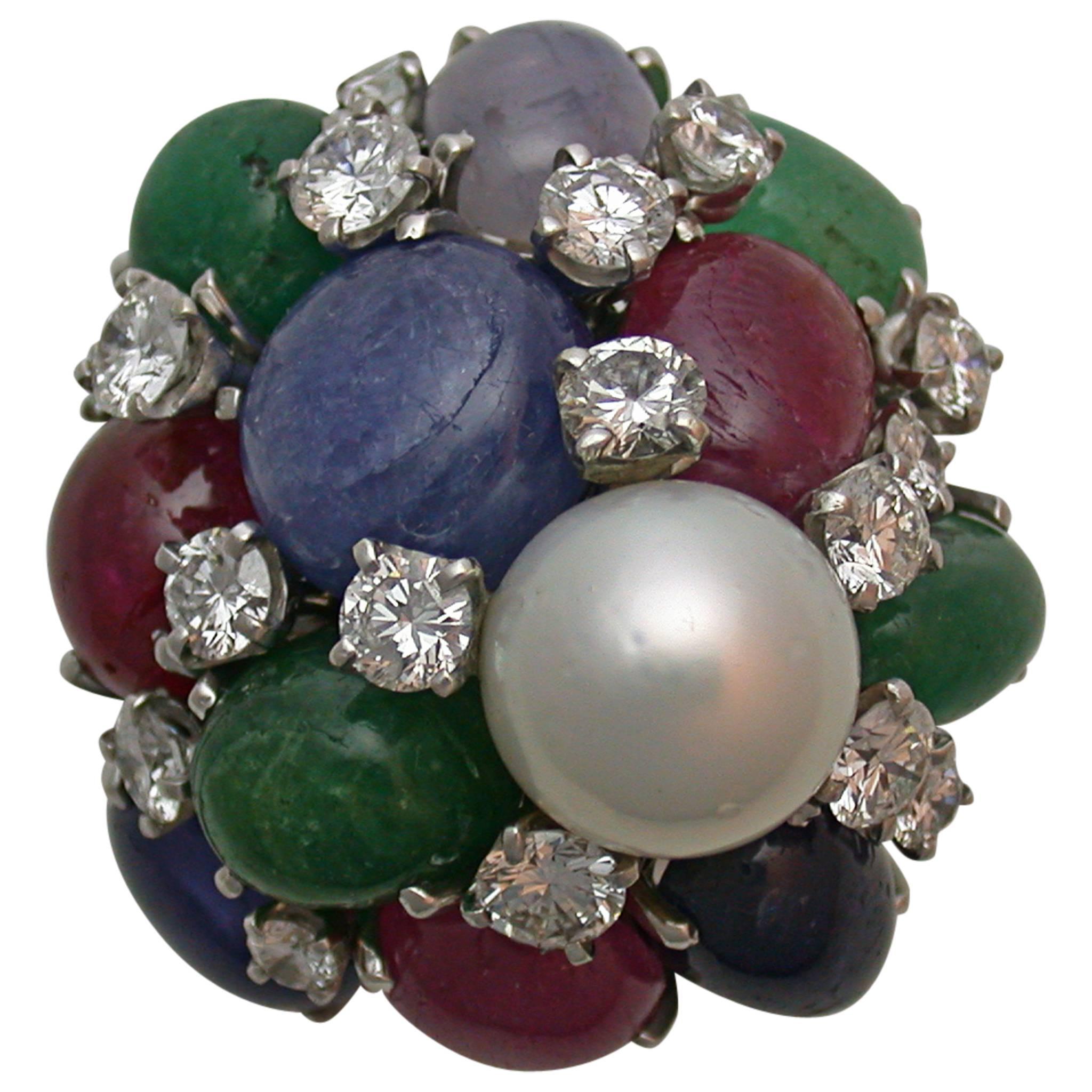 Spectacular Colored Stone Pearl Diamond gold Cocktail Ring For Sale