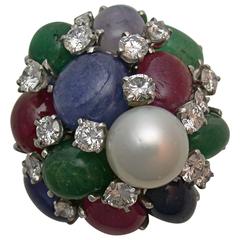 Vintage Spectacular Colored Stone Pearl Diamond gold Cocktail Ring