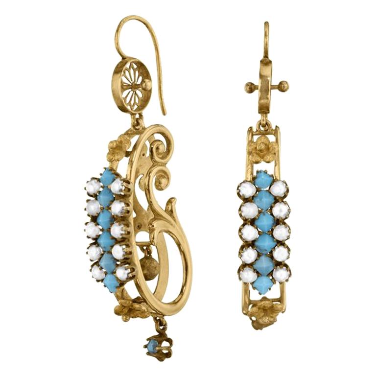 Victorian Turquoise, Pearl and Gold Scroll Earrings