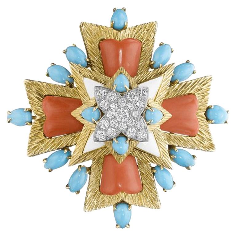 Tiffany & Co. Gold, Diamond, Coral and Turquoise Brooch
