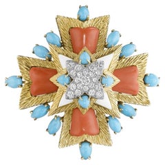 Vintage Tiffany & Co. Gold, Diamond, Coral and Turquoise Brooch