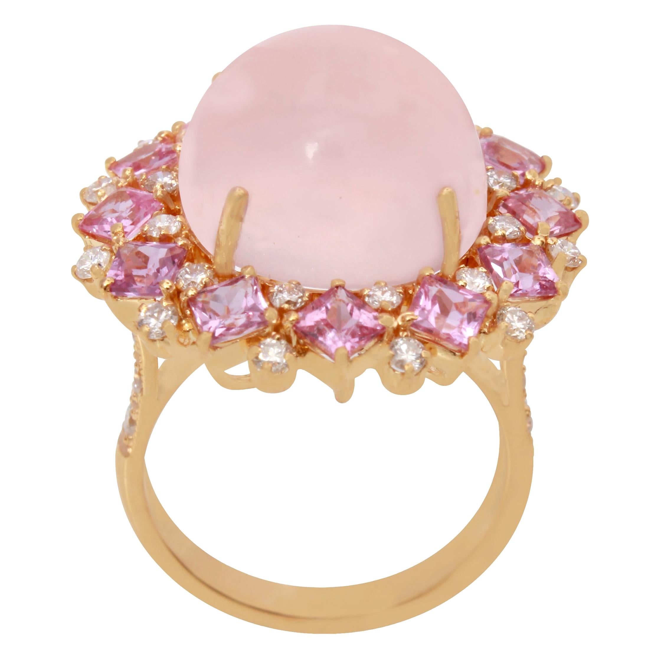 18 Karat Yellow Gold Rose Quarts with Pink Sapphire and Diamond Ring For Sale