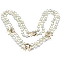 Tiffany & Co. Diamond Pearl Double 2-Strand Necklace 18 Karat Yellow Gold