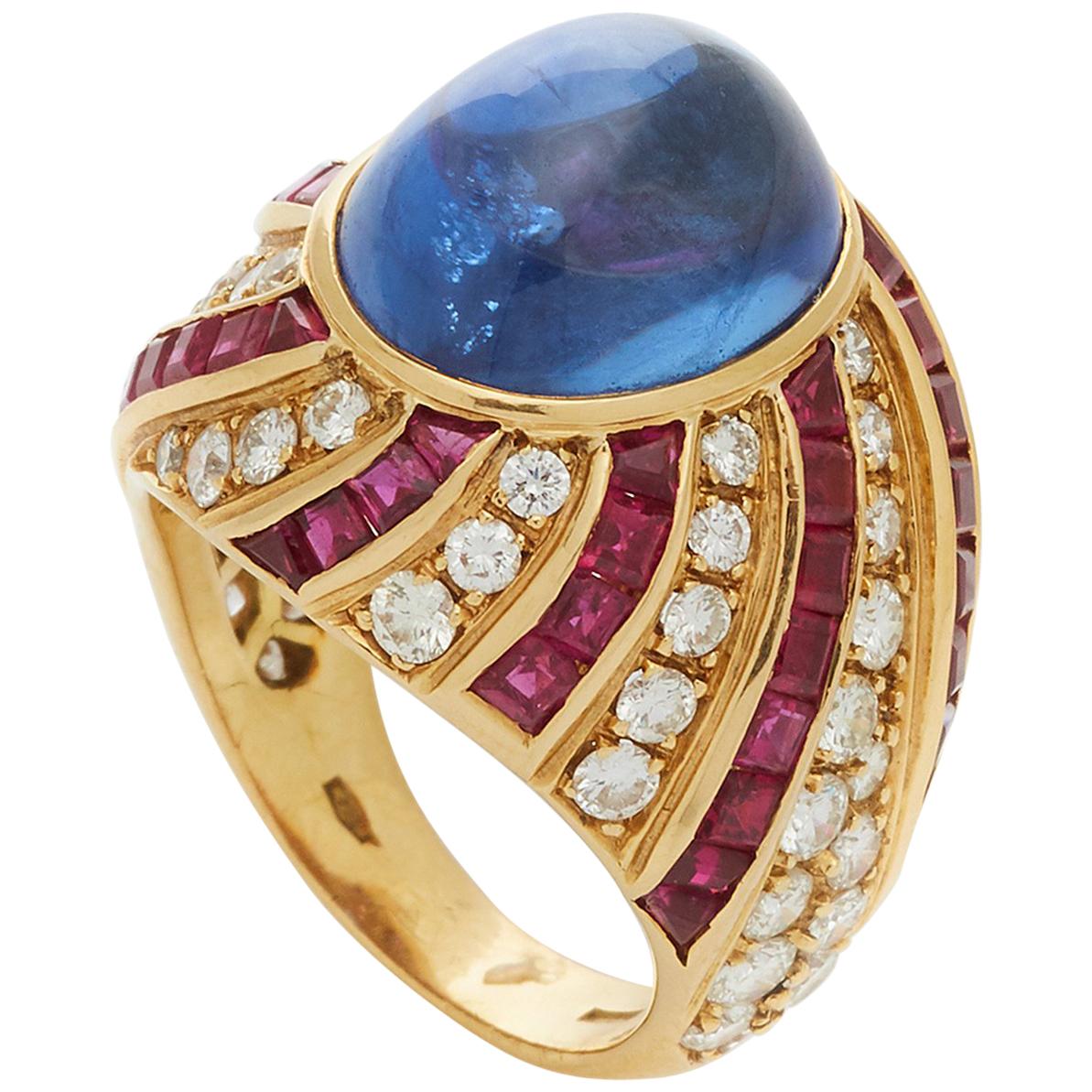 Illario Cabochon Sapphire Diamond Ruby Ring For Sale