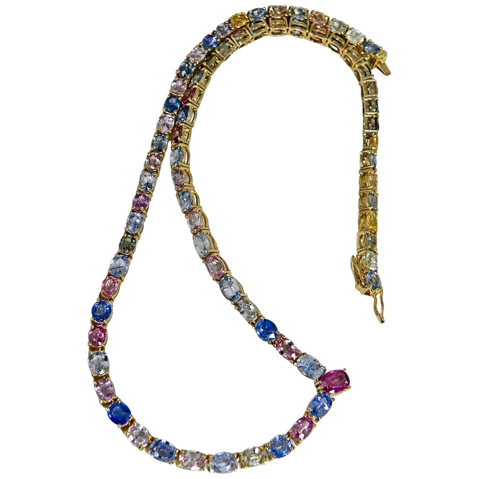 Contemporary  50.00 Carat Burma Unheated Multicolor Sapphires Necklace Yellow Gold 18K  For Sale