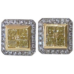 Mark Areias J. Handmade Fancy Yellow & White Diamond Square Halo Earrings