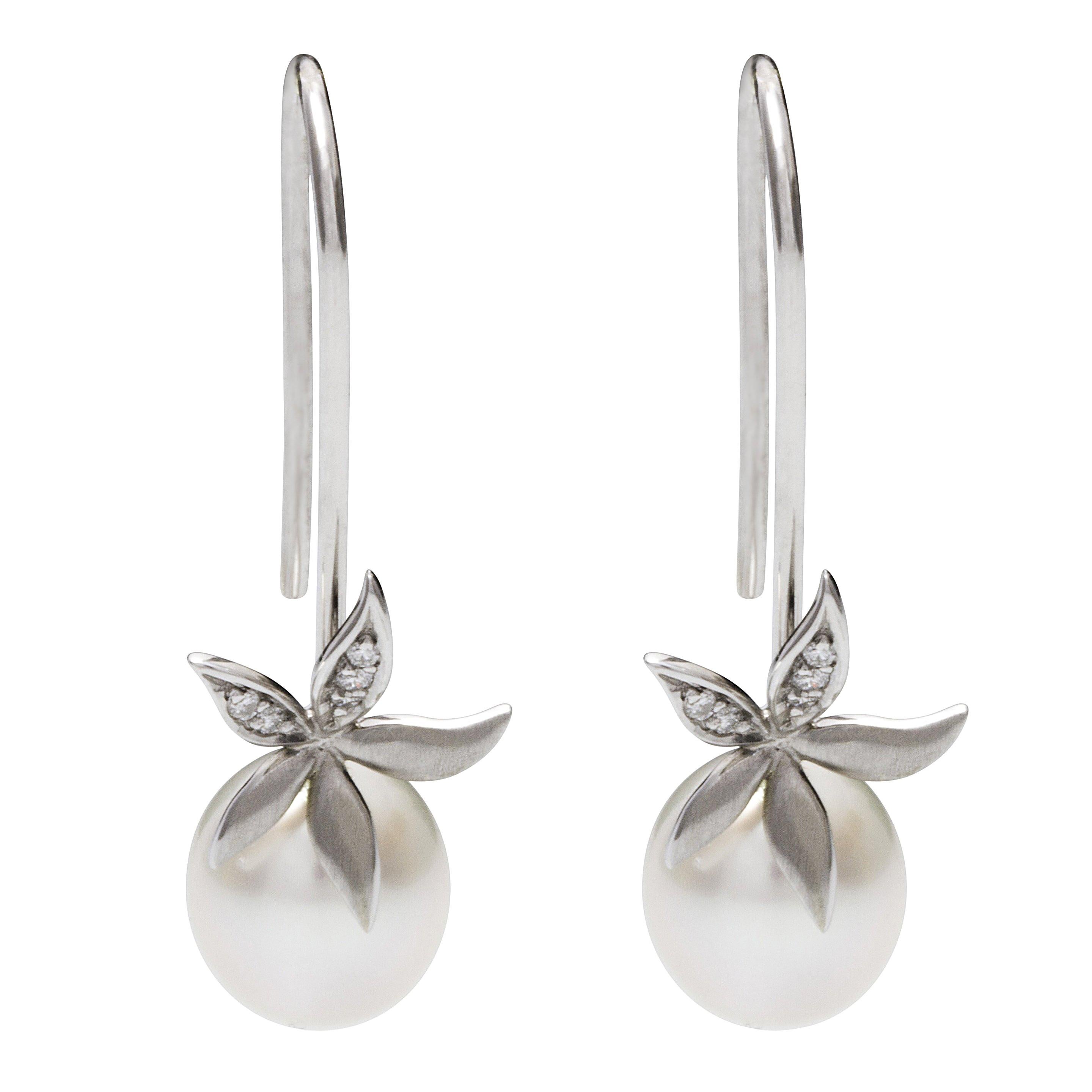 0.06 Carat White Diamond Drop South Sea Pearl Flower Earrings