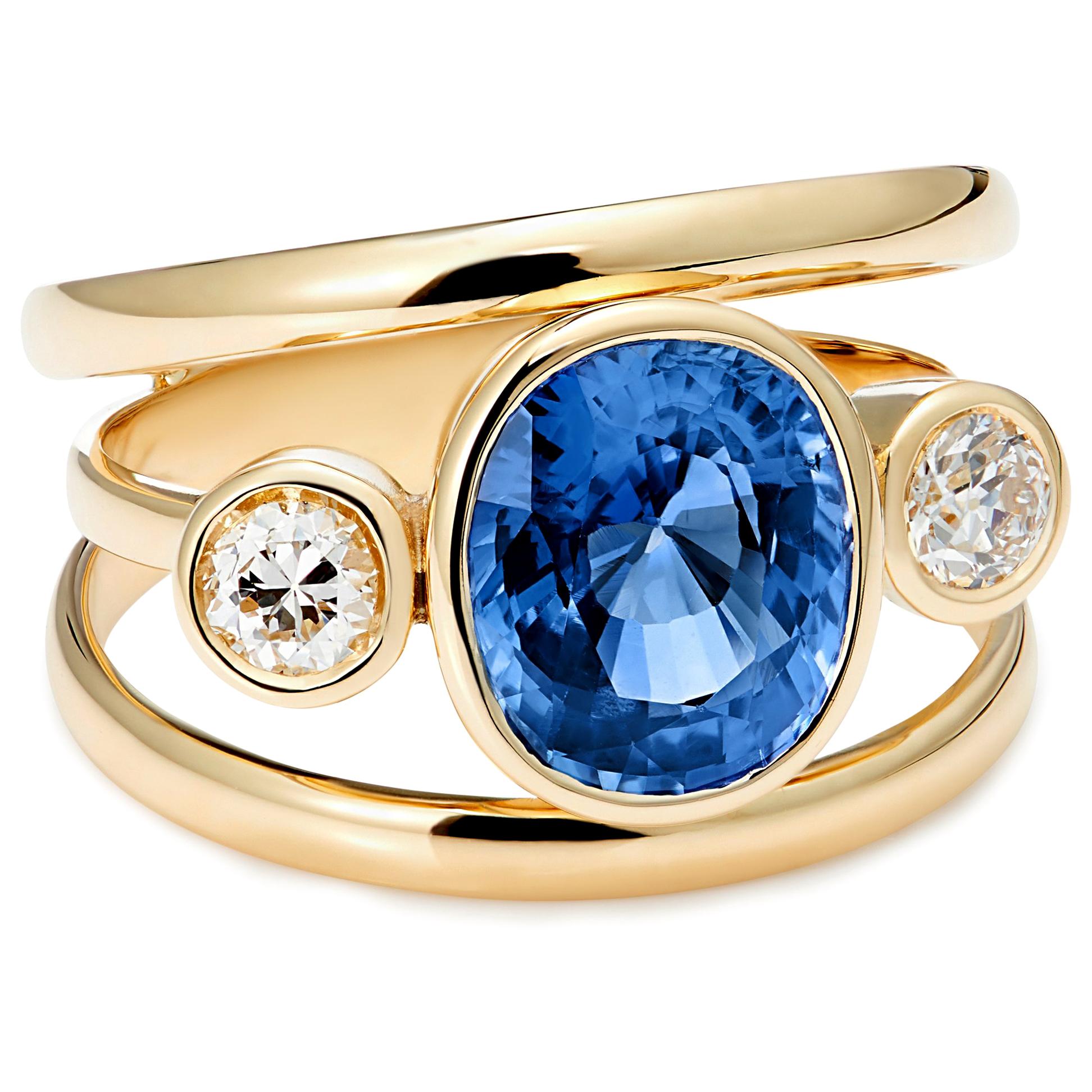Sri Lankan Sapphire and White Diamond 3-Stone Ring