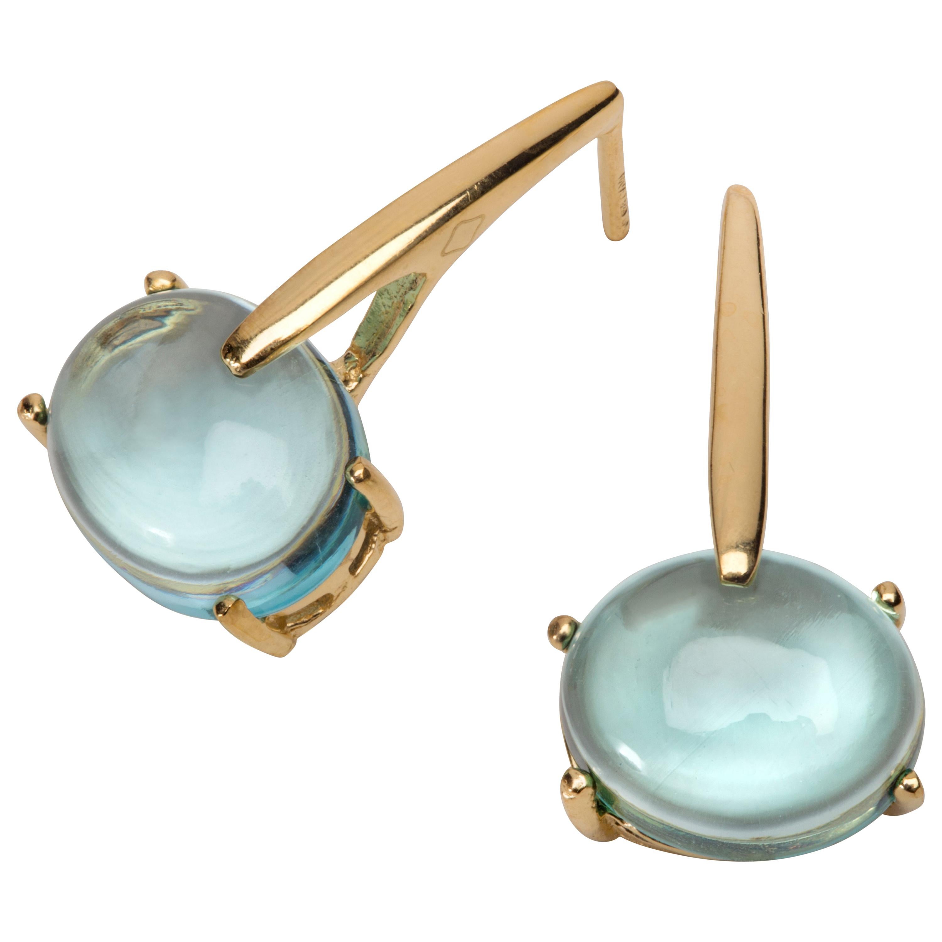 Maviada's 18 Karat Yellow Gold Vermeil Aqua Blue Quartz, Gold Long Drop Earrings