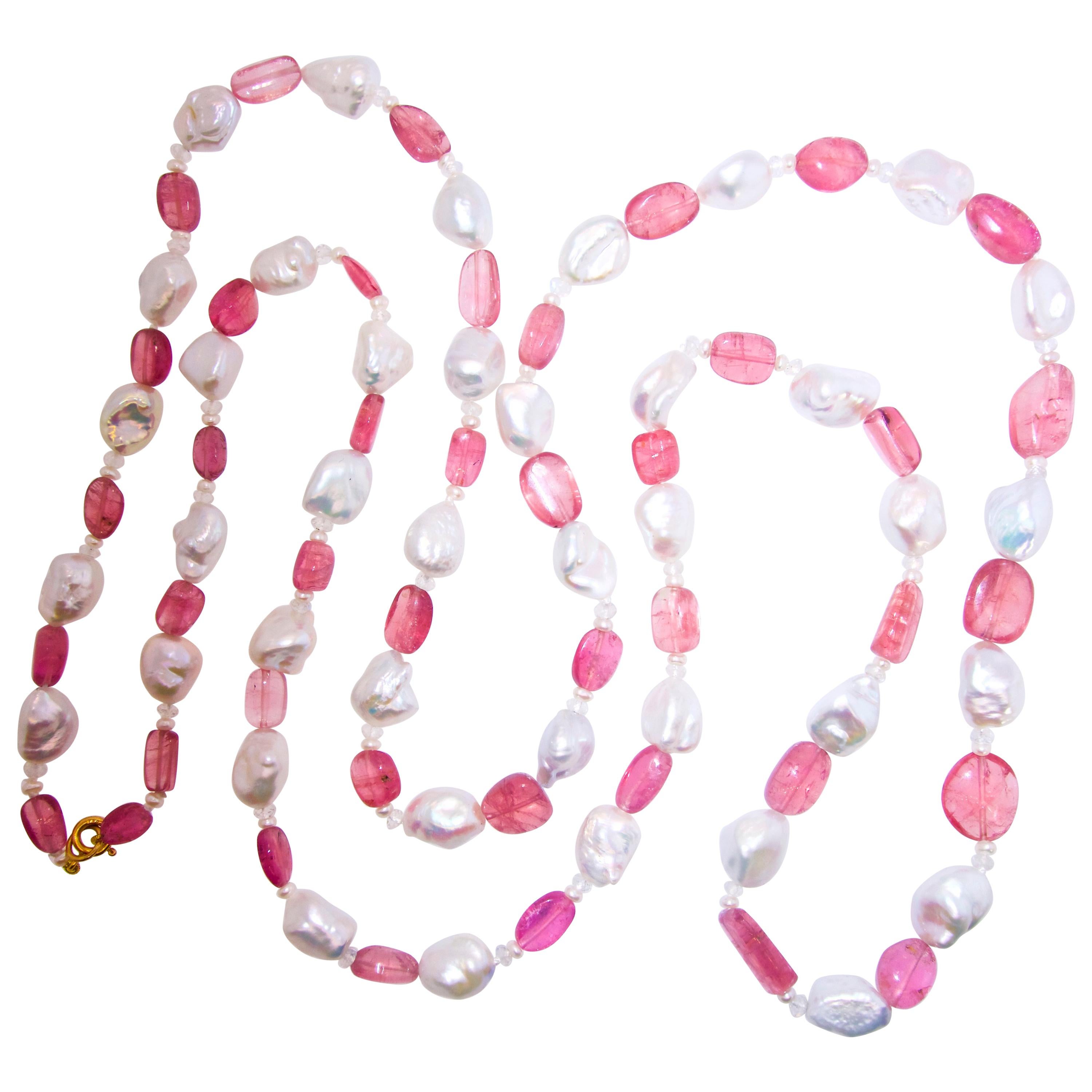 Sautoir of fine natural Pink Tourmaline and Baroque Pearls