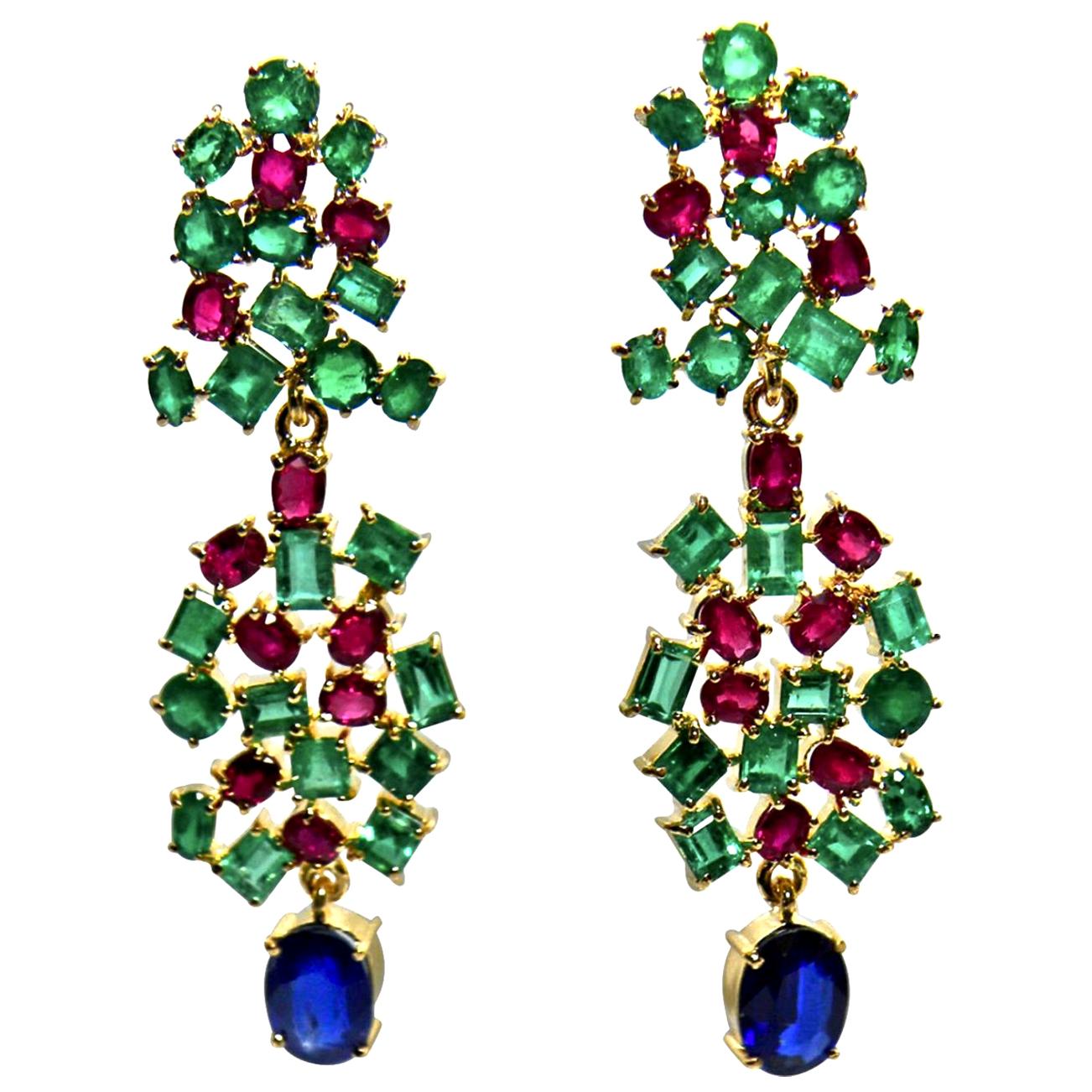  19.36 Carat Sapphire, Emerald, Ruby Chandeliers Earrings One of a Kind 