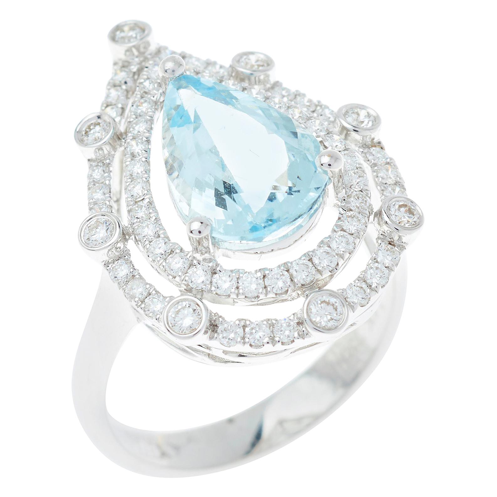 Aquamarine Pear 2.95 Carat Halo Diamond 18 Carat White Gold Dress Ring