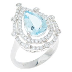 Aquamarine Pear 2.95 Carat Halo Diamond 18 Carat White Gold Dress Ring