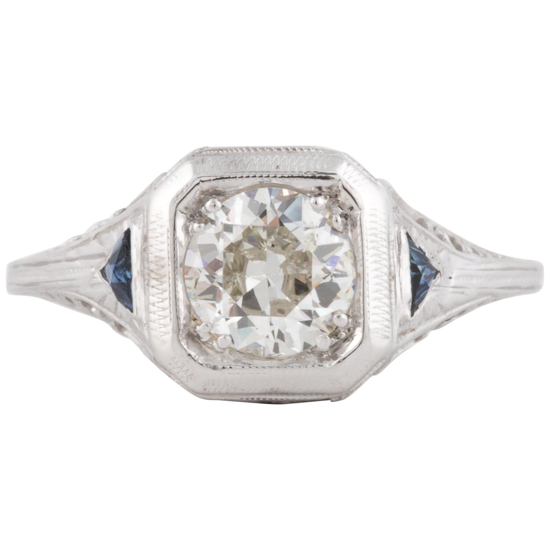 Art Deco 18K White Gold Diamond Engagement Ring with Sapphire Accents
