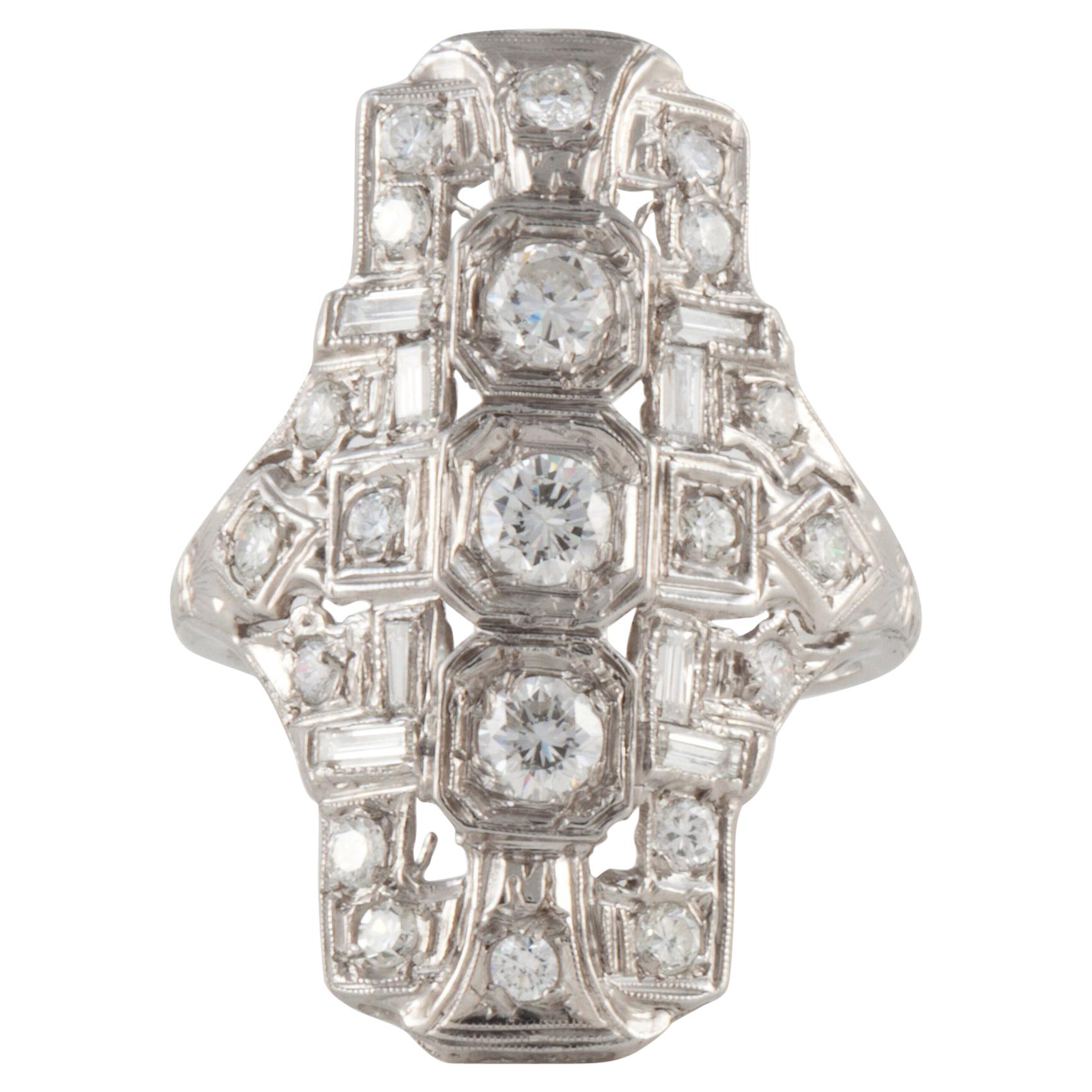 Art Deco Platinum Diamond Navette Ring with Engraving and Filigree