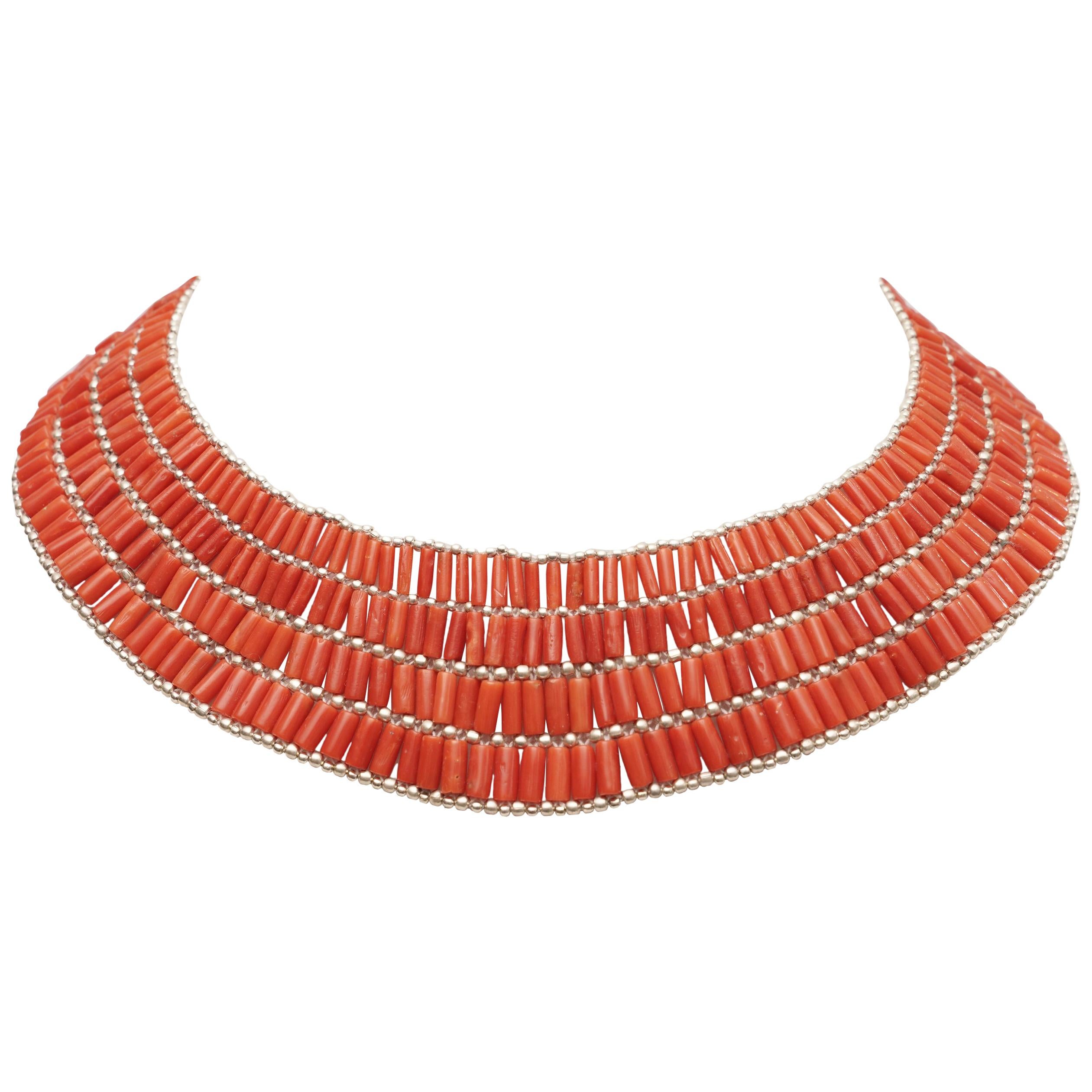Italian Coral and Sterling Silver Adjustable Beaded Choker