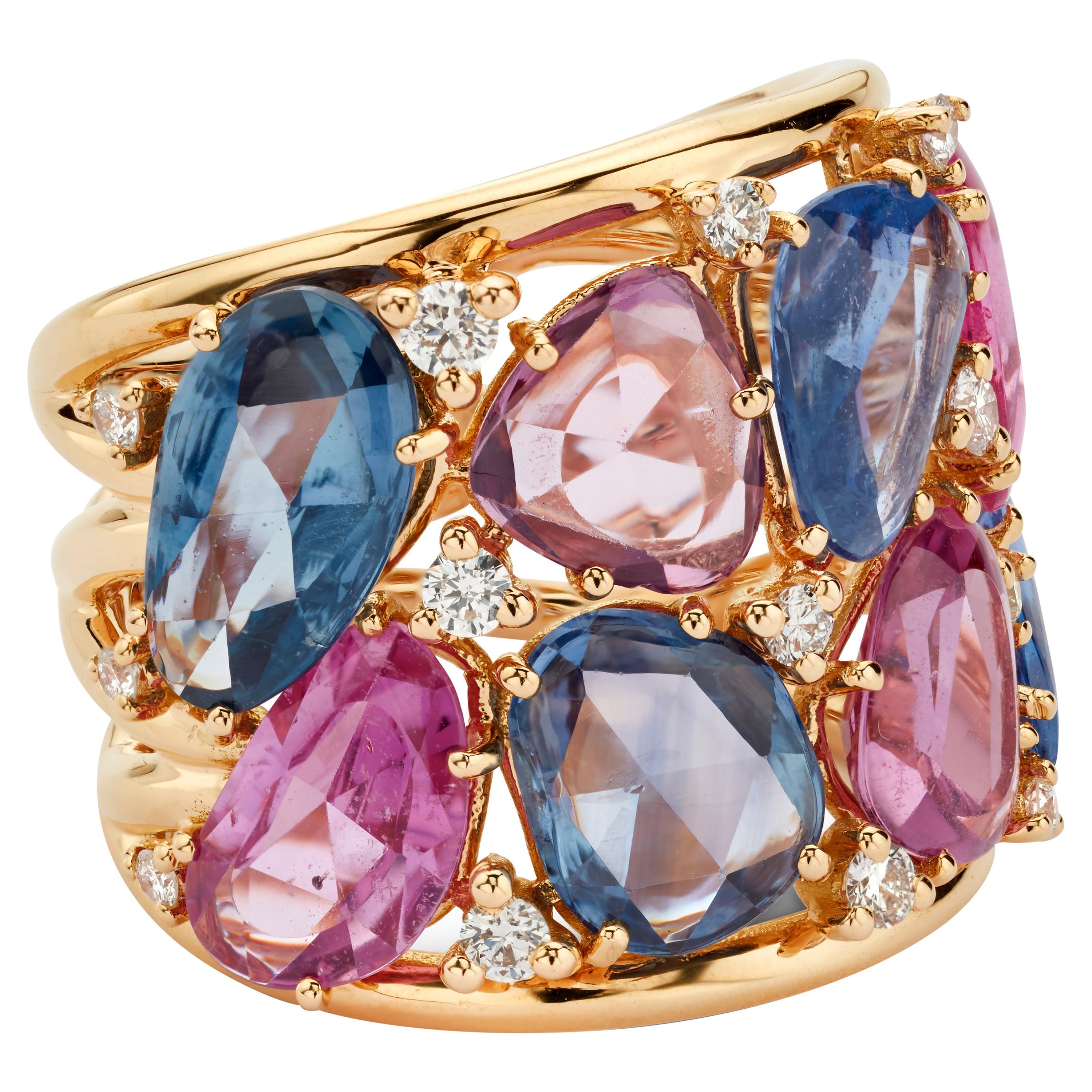 18 Karat Rose Gold, Blue and Pink Sapphire Ring with Diamonds For Sale