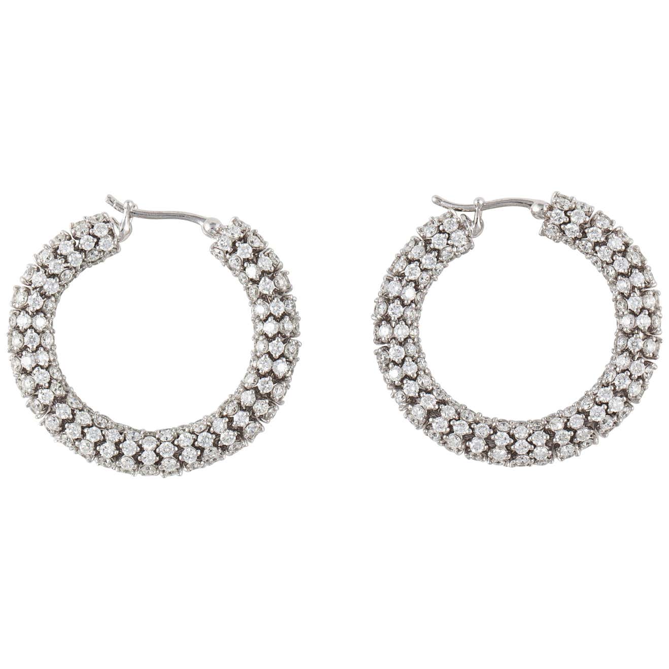 Diamond Rondel Hoop Earrings in 18K White Gold For Sale at 1stDibs