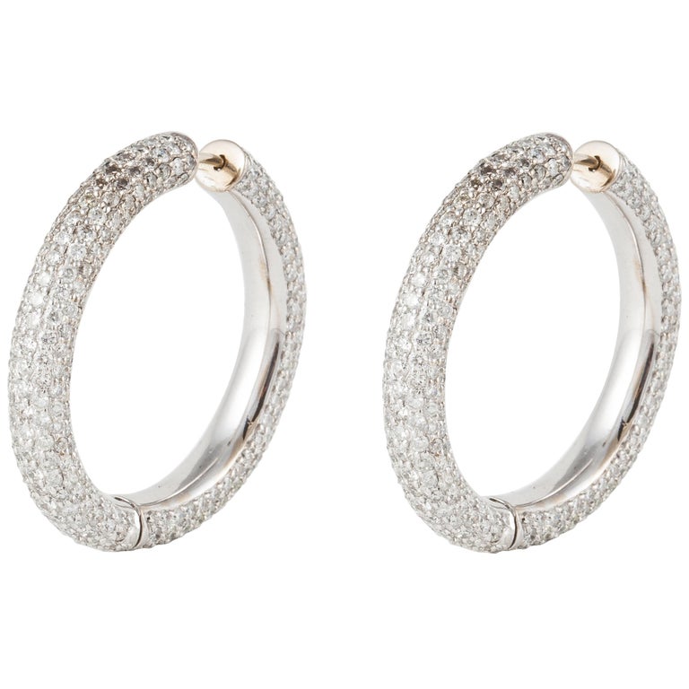 18K White Gold Diamond Hoop Earrings For Sale at 1stDibs