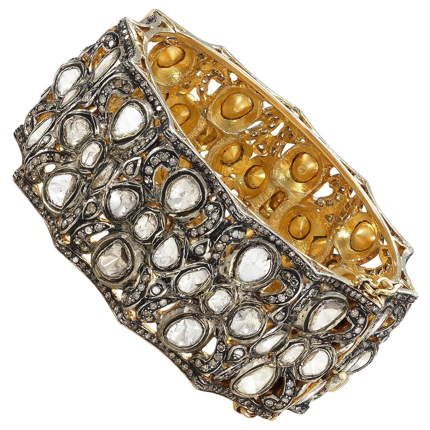 14k Gold and Polki Diamond Mughal Style Bangle Bracelet