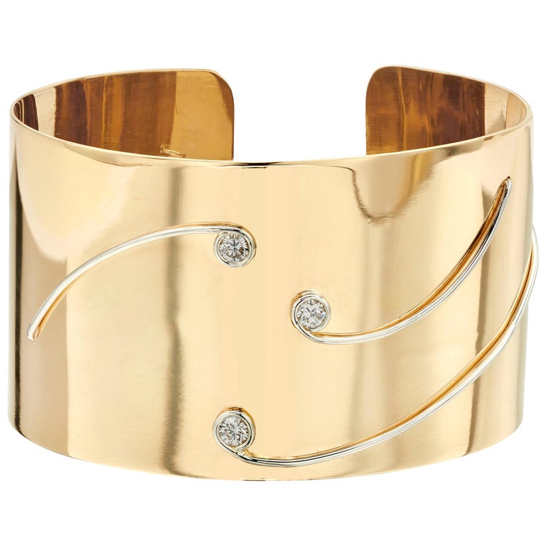 18 Karat Yellow Gold and Platinum Cuff Bangle Bracelet For Sale at 1stDibs