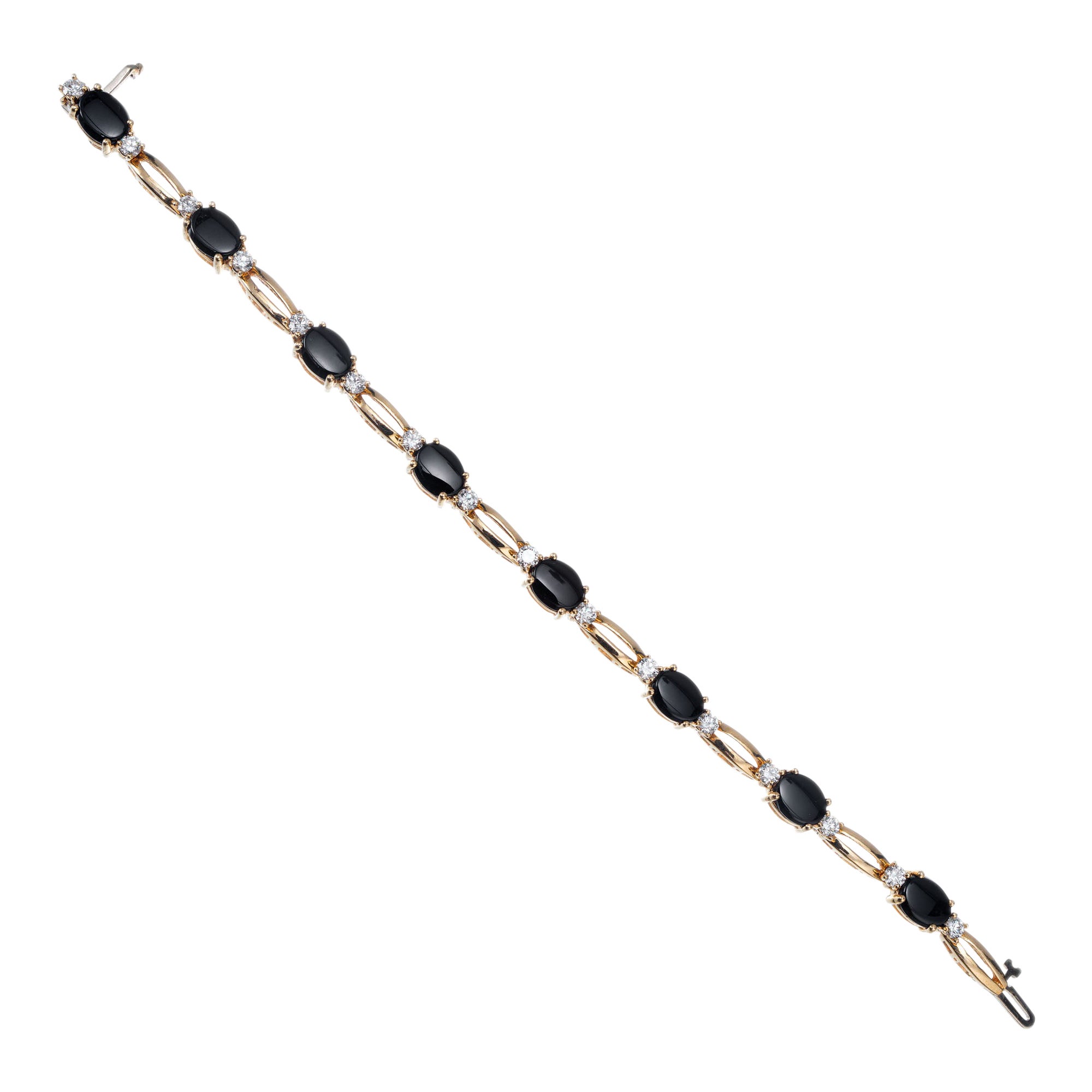 Black Oval Onyx Diamond Gold Link Bracelet For Sale