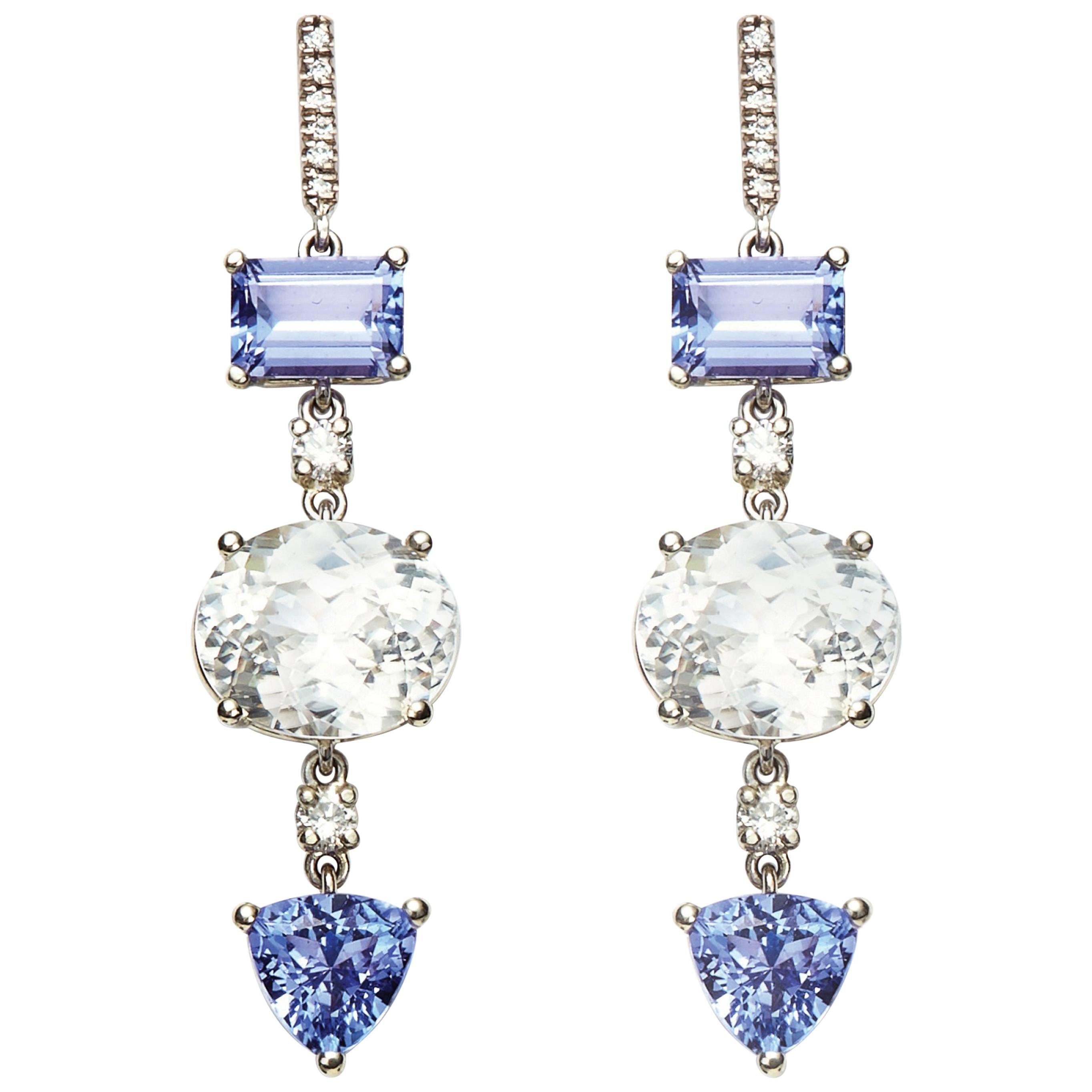 Susan Lister Locke Tanzanite and Diamond Dangle Earrings set in 18K White Gold For Sale