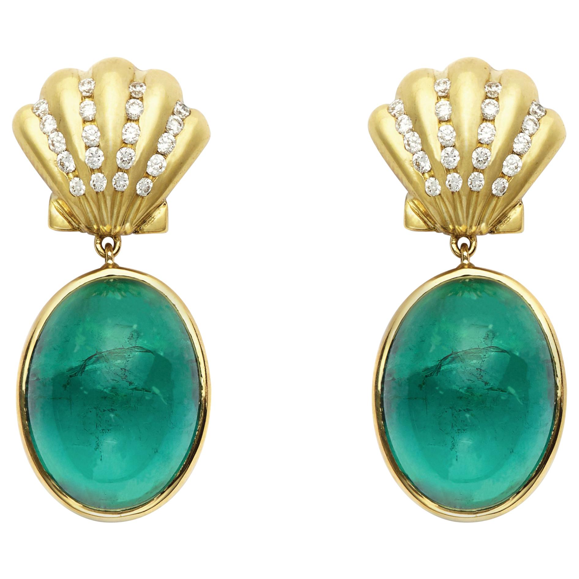 Green Cabochon Cut Tourmaline Earrings with 18 Karat Gold and Diamond Shells