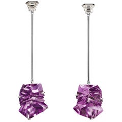 Tapered Cut Diamond and Munsteiner Cut Amethyst White Gold dangling Earrings