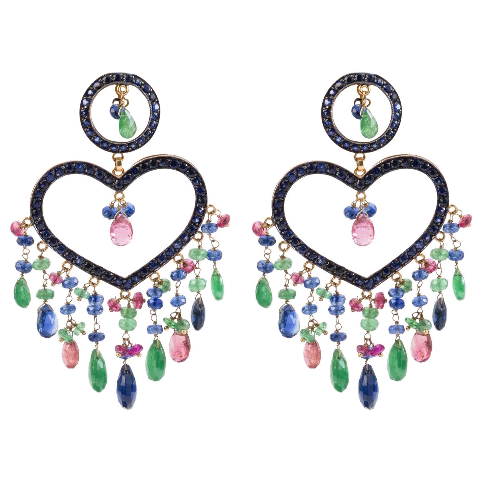 Big Heart Earring with Emeralds, Sapphires and Black Diamond in Silver and Gold For Sale