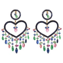 Big Heart Earring with Emeralds, Sapphires and Black Diamond in Silver and Gold