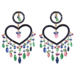 Big Heart Earring with Emeralds, Sapphires and Black Diamond in Silver and Gold