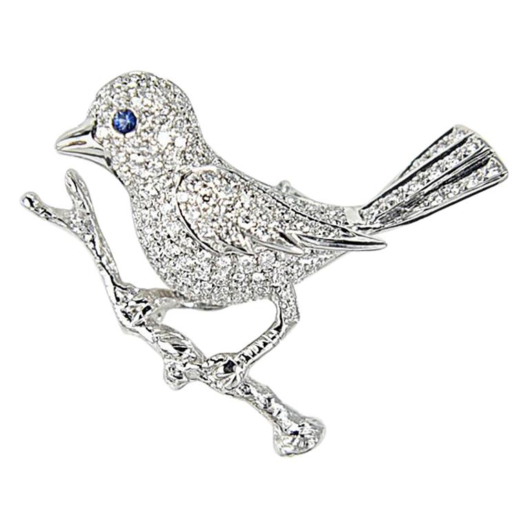 Gilin Bird Brooch with Diamond and Sapphire in 18 Karat White Gold