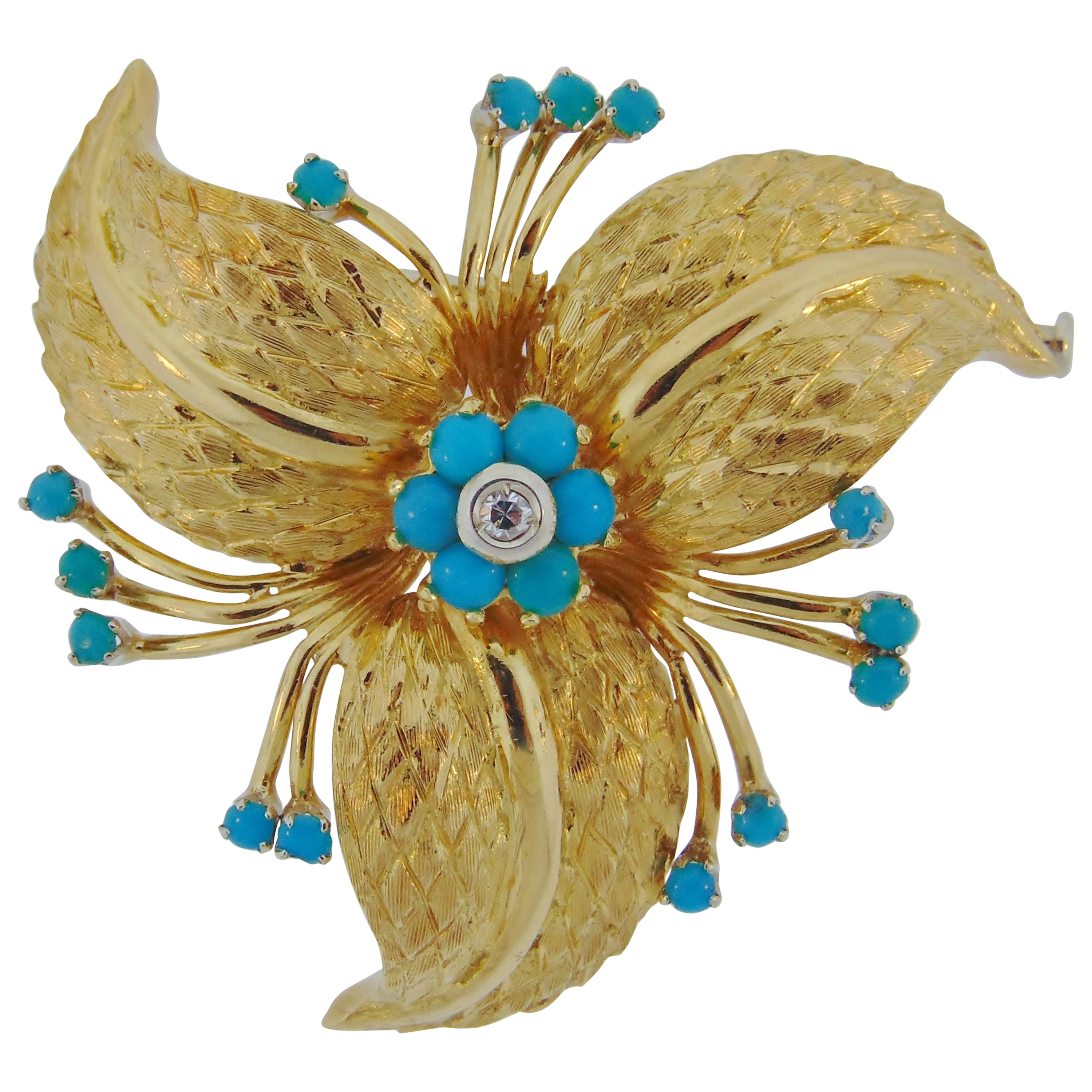 18 Karat Yellow Gold Turquoise and Diamond Brooch For Sale