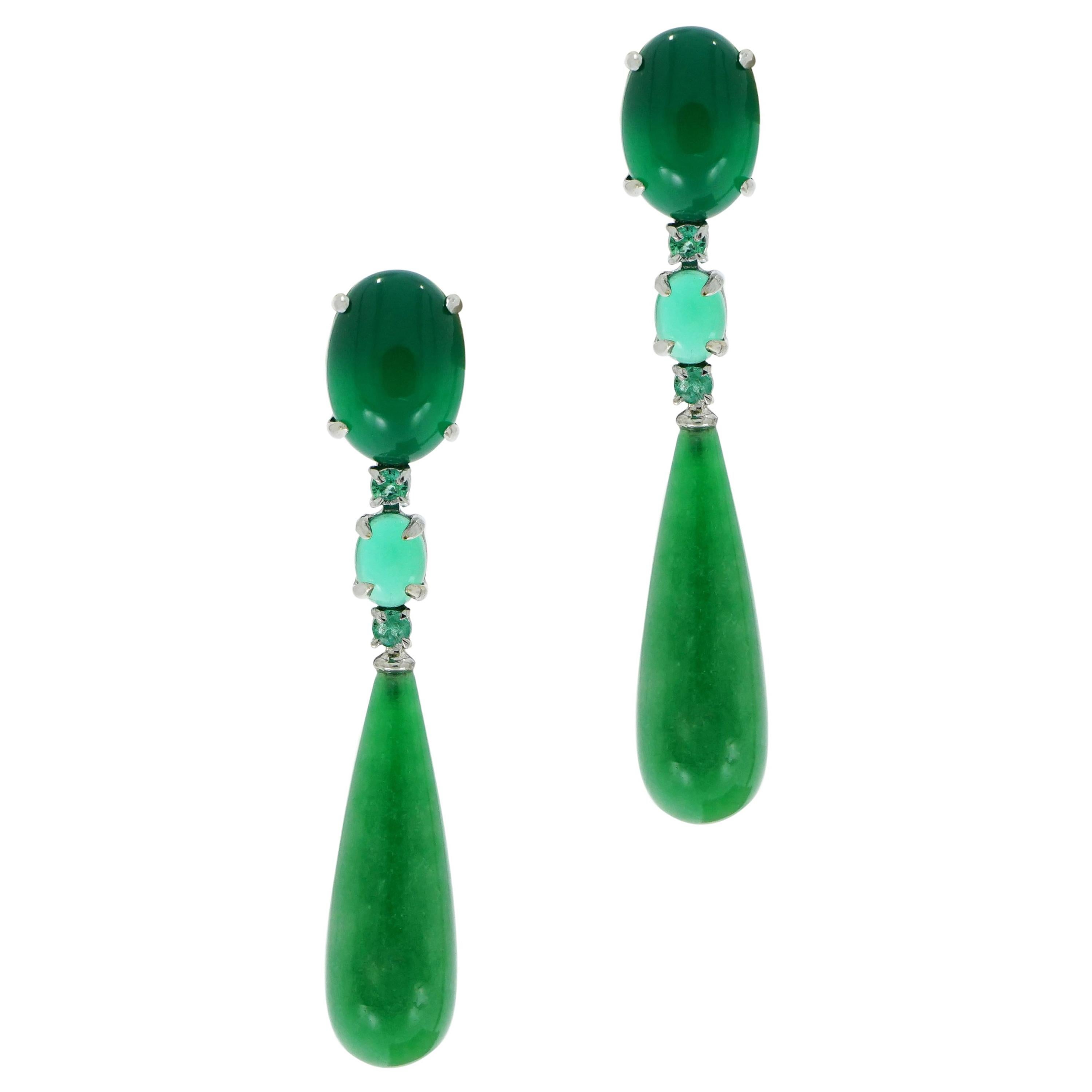 Green Agate and Emerald Drop White Gold Earrings