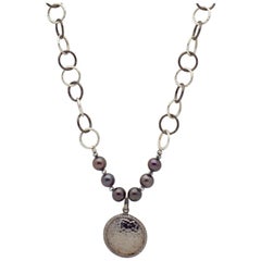 Black & White Sterling Silver Chain Necklace w Hammered Sterling Diamond Pendant