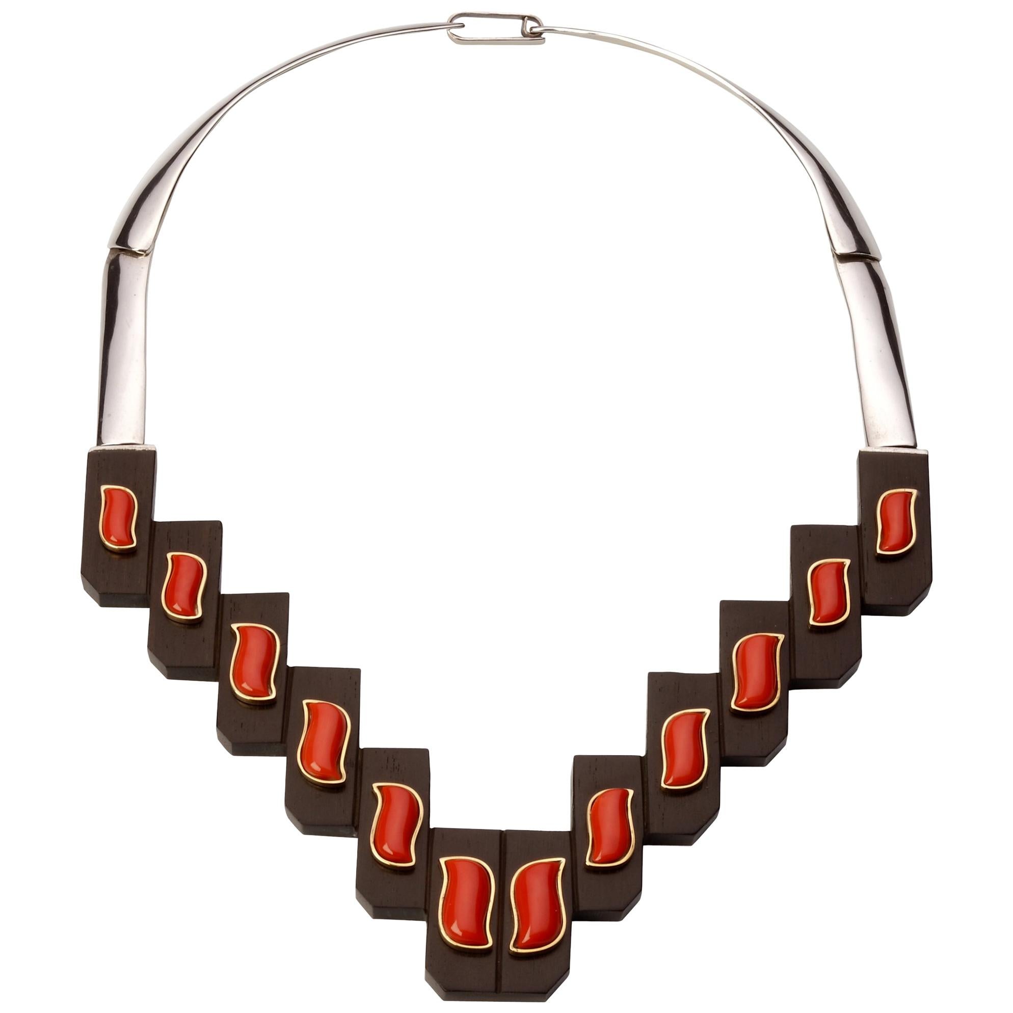 Gold sterling Silver  Ebony and Coral Necklace For Sale