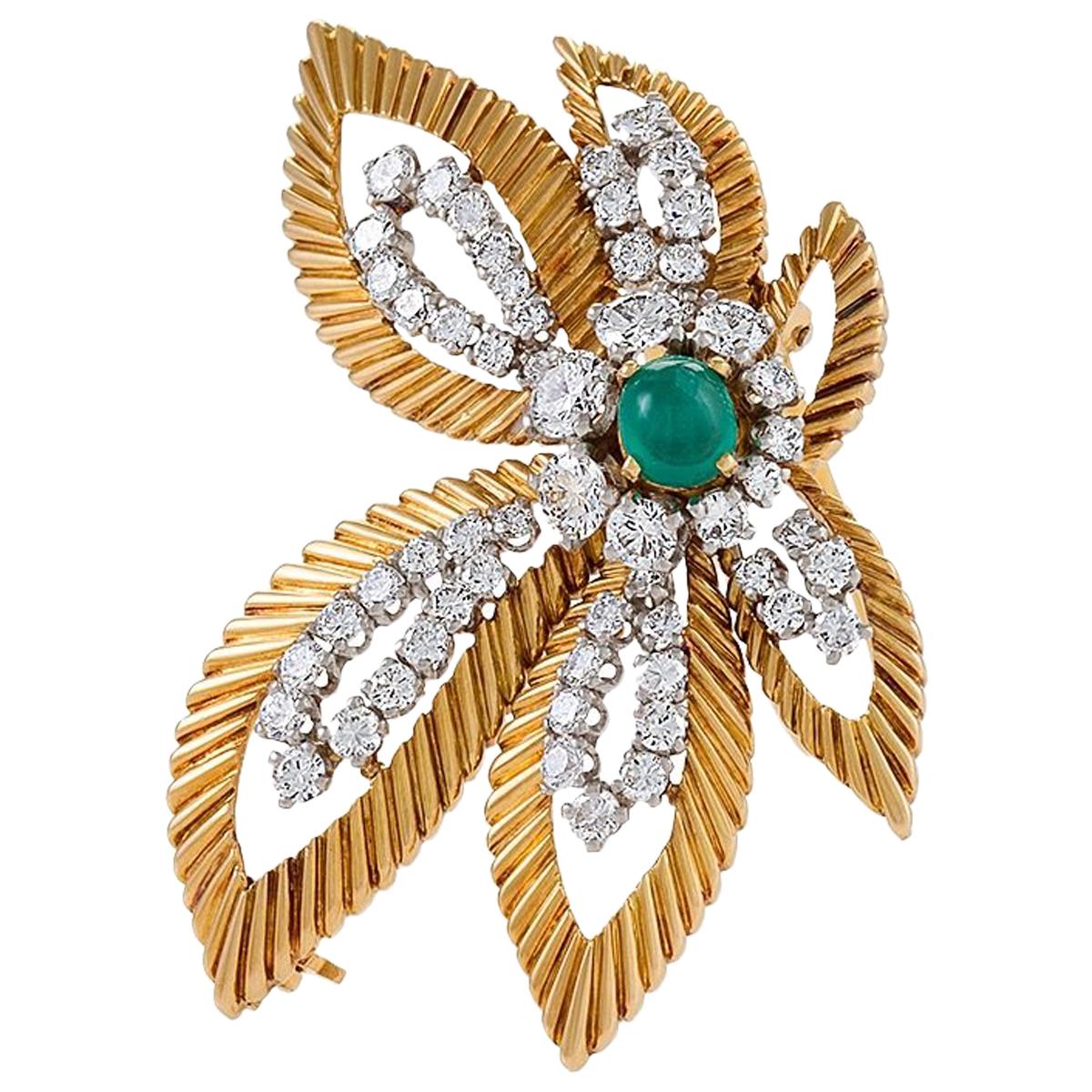 Van Cleef & Arpels Gold, Platinum, Diamond and Emerald Floral Brooch