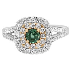Alexandrite Round White Diamond Double Halo Two-Color Gold Bridal Fashion Ring