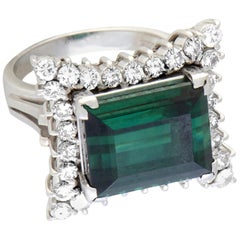 Diamond and Green Tourmaline Platinum Rectangle Ring