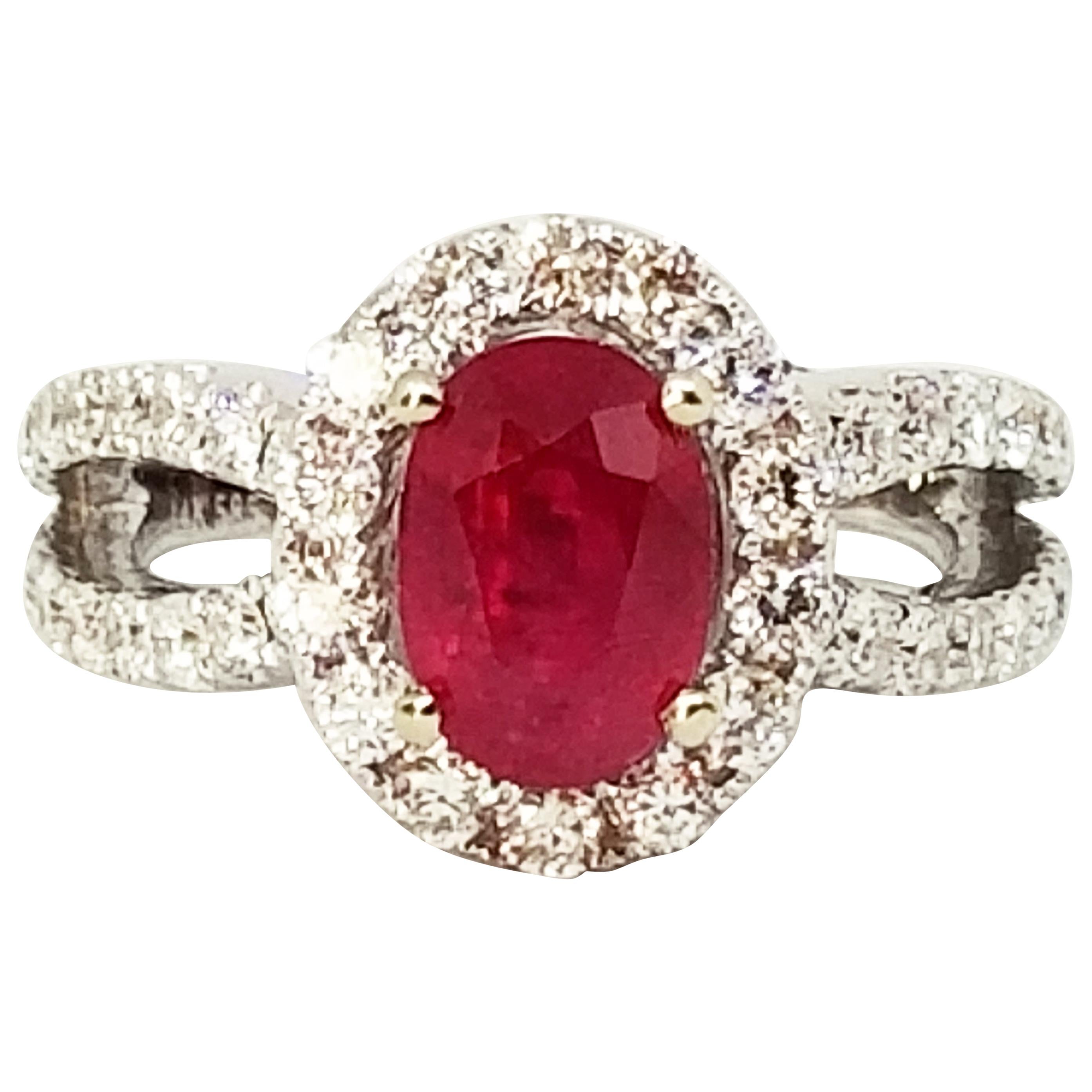 2.38 Carat Oval Ruby 1.81 Carat Diamond Halo Ring Woven Shoulders White Gold For Sale