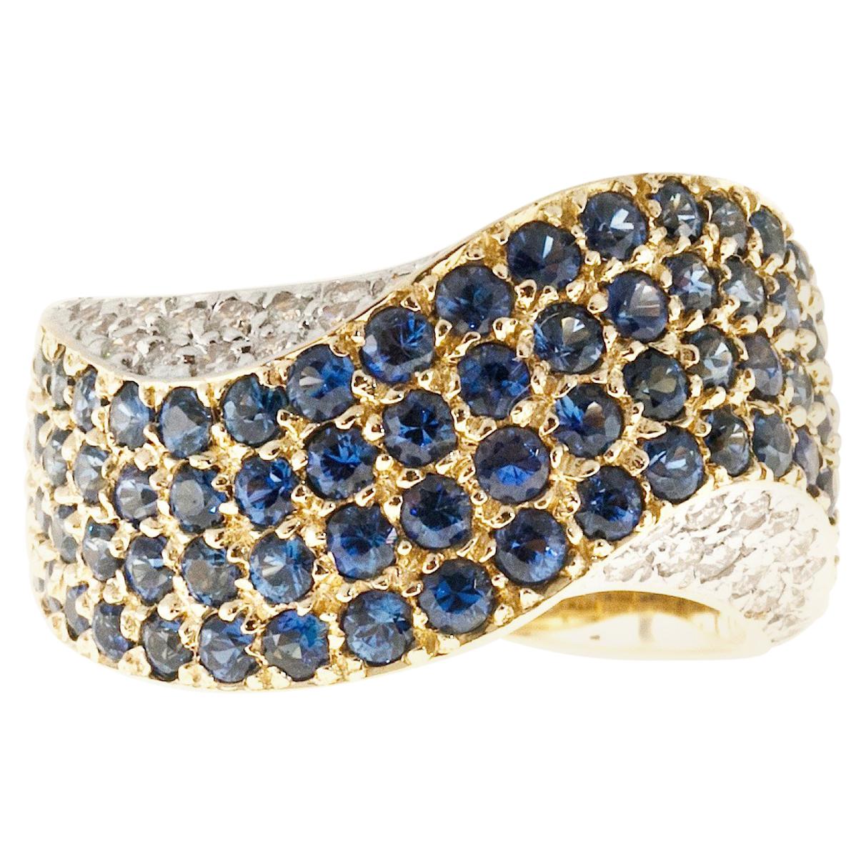 2.70 Carat Blue Sapphire Diamond Gold Domed Swirl Ring