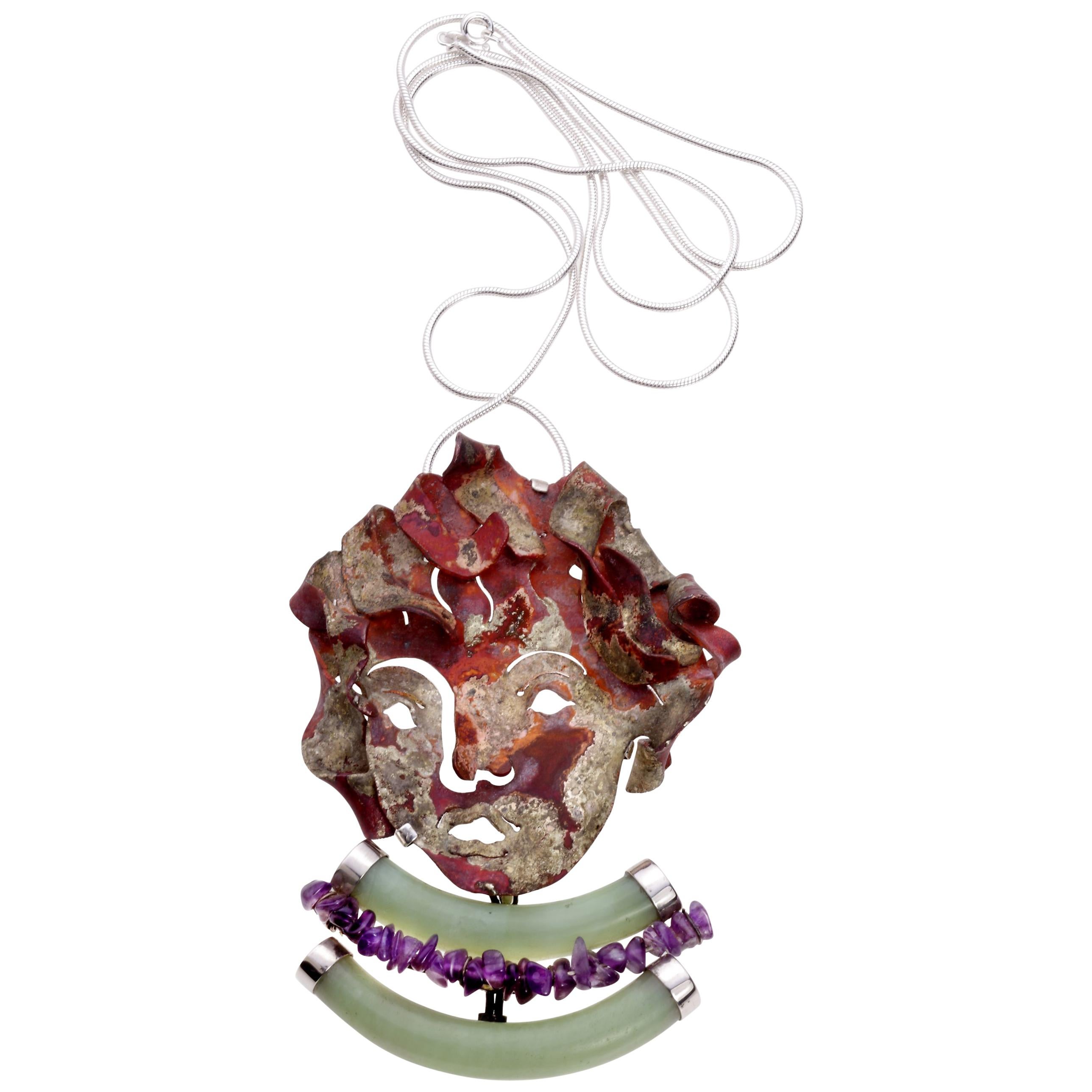 Silver Copper Jade and Amethyst sculptural Pendant For Sale