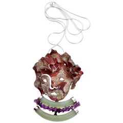 Silver Copper Jade and Amethyst sculptural Pendant