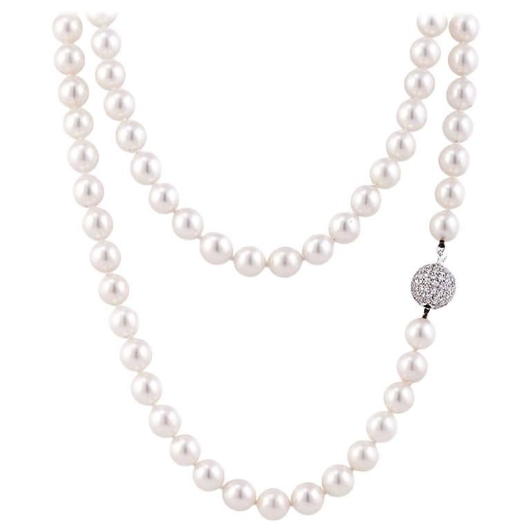 Pearl Necklace with Diamond Ball Clasp For Sale