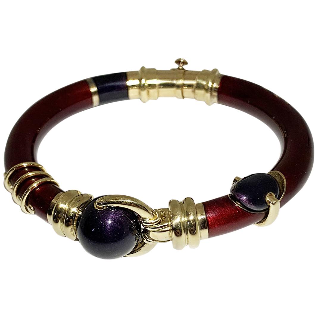 Enameled Red and Blu Navy on a Yellow Gold 18 Karat Bangle